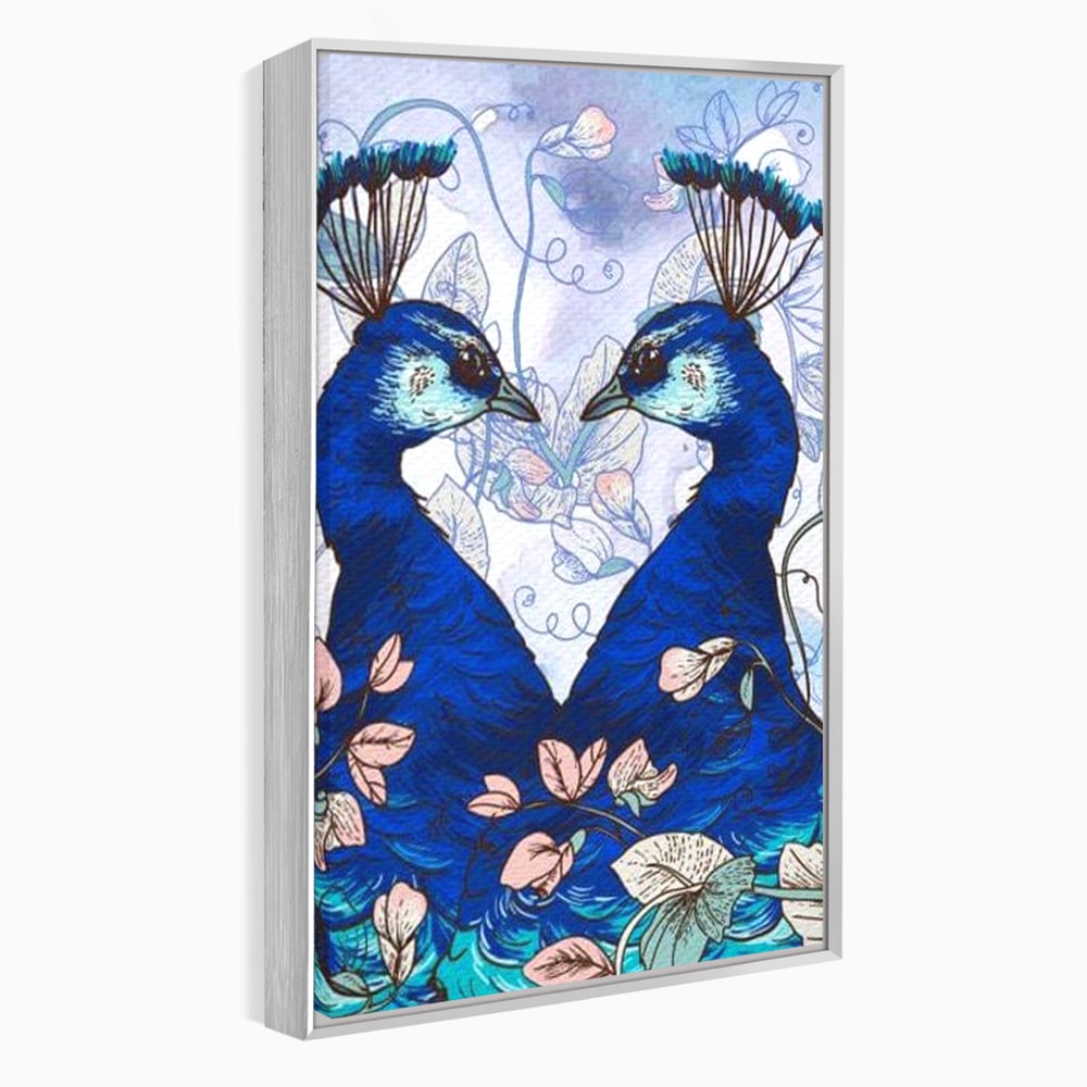 Tablou canvas cu tablou canvas cu doi pauni albastri, in rama de aluminiu argintiu